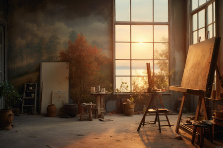 An empty artist's studio bathed in soft dawn light, Ai generatedの素材