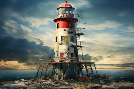 Construction of a coastal lighthouse, Cove lighthouse on a sunny day with blue sky, AI generatedの素材