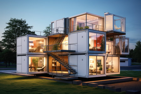 Industrialized construction of modular homes , Modern Architecture for Modular Homes. Explore Luxury Row House Design with Exquisite Exterior , AI generatedの素材