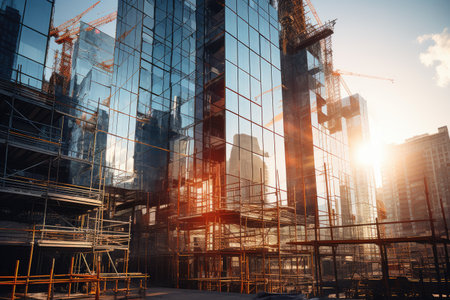 A cluster of skyscrapers reaches for the sky, their glass facades reflecting the setting sun, Construction site of a glass skyscraper reflecting sunlight AI generatedの素材
