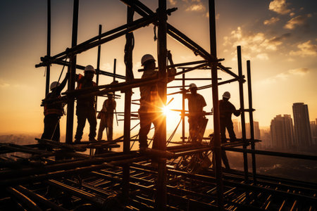 Construction Workers Building Framework, Steel Reinforcement Construction workers securing steel bars, Construction workers collaborating on a steel framework, Ai generatedの素材