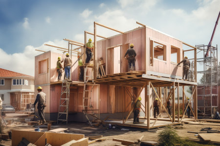 Workers assembling prefabricated house , Construction workers assembling a prefabricated house, AI generatedの素材