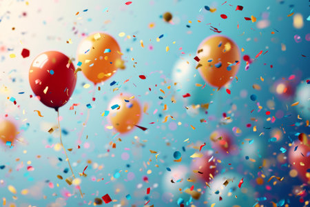 Celebration background with confetti and balloons, Vibrant colored balloons and confetti filling the air, AI generatedの素材