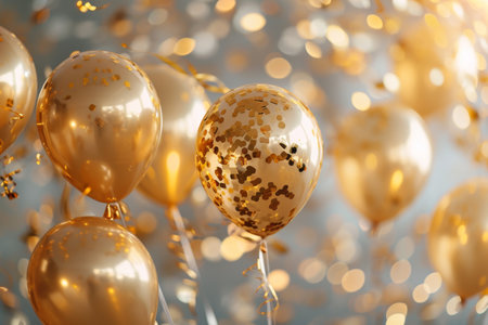 Celebration background with confetti and gold balloons Ai generatedの素材