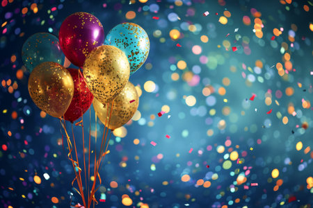 Celebration background with confetti and balloons, Vibrant colored balloons and confetti filling the air, AI generatedの素材