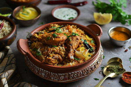 Chicken dhum biriyani using jeera rice and spices arranged in earthen ware with raitha and lemon pickle on grey background Ai generatedの素材