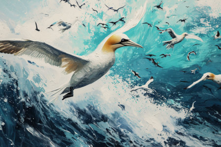 Northern gannets, Closeup shot of Northern gannets flying with open wings with a background of blue seaの素材