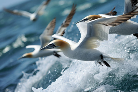 Northern gannets, Closeup shot of Northern gannets flying with open wings with a background of blue seaの素材