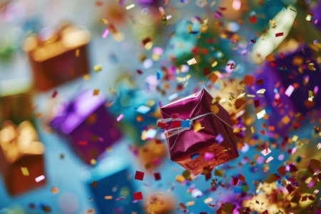 Colorful gift boxes with confetti flying and falling, holiday concept banner, Colorful gift boxes with confetti flying on bright solid background AI generatedの素材