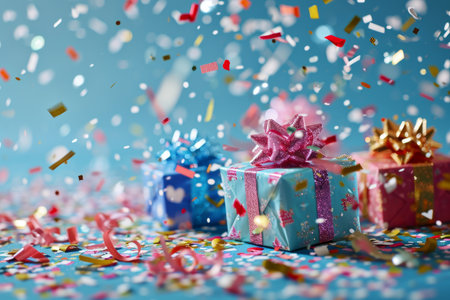 Colorful gift boxes with confetti flying and falling, holiday concept banner, A festive discount coupon events confetti with gifts and coupons, AI generatedの素材