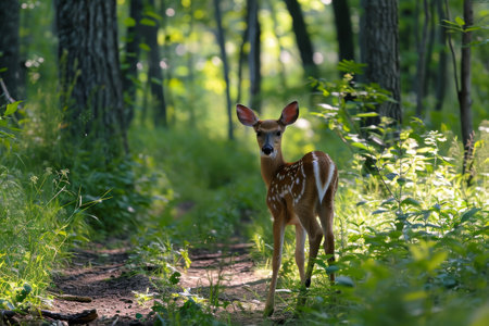 Deer fawn , Cute spotted baby deer, Wildlife scene in nature. Adorable deer fawn in forest AI generatedの素材