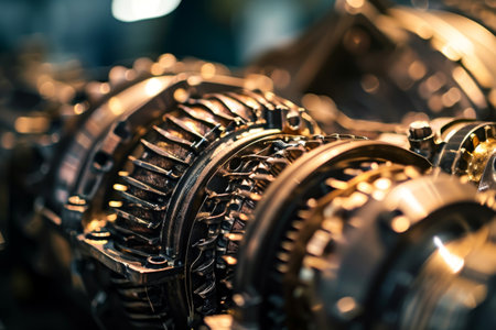 Closeup disassembled car automatic transmission gear part, Closeup disassembled car automatic transmission gear part on workbench at garage, I generatedの素材
