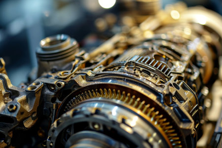 Closeup disassembled car automatic transmission gear part, Closeup disassembled car automatic transmission gear part on workbench at garage, I generatedの素材