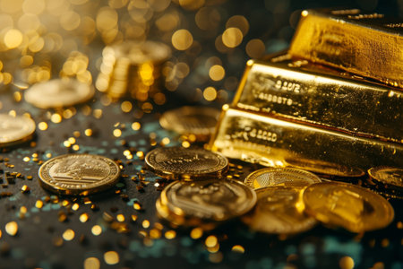 Gold bar stack and investment stock graph business concept on gold particles background with growth financial money exchange chart coin treasure A generatedの素材