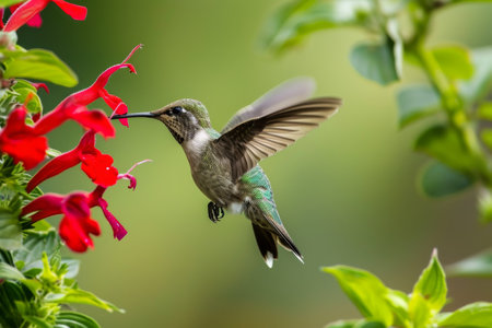 Ruby-throated Hummingbird (archilochus colubris) in flight with red flowersの素材