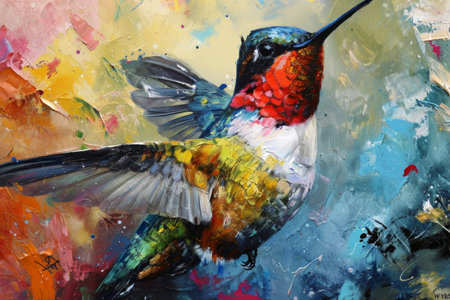 Painting of a colorful hummingbird on a background of oil paintsの素材