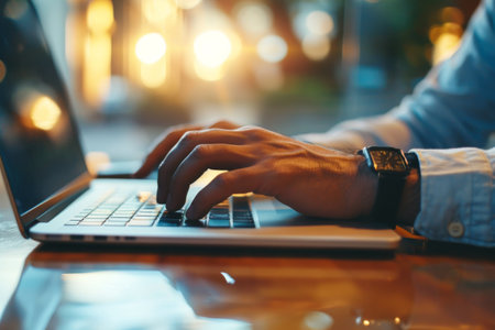 Close up of a business man working on a laptop, typing with his hands for work in office environment AI generatedの素材