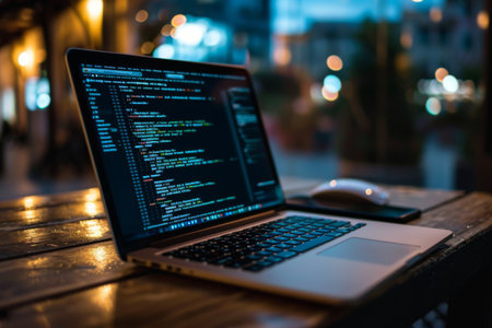 Programming code in laptop and mobile apps for laptops. technology used to write software and mobile application code. programming a graphic interface's responsive layout Ai generatedの素材