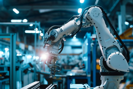 Industrial robot works automatically in smart autonomous factory, illustration Industrial robot works Ai generatedの素材