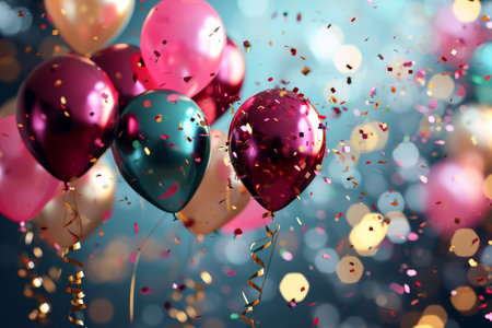 Realistic Festive background with golden and blue balloons falling confetti, Celebration background with confetti and balloons, AI generatedの素材
