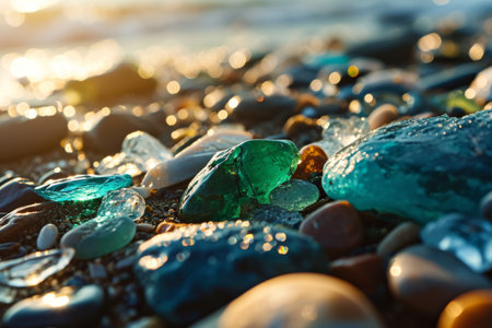 Colorful gemstones on a beach. Polish textured sea glass and stones on the seashore. Green, blue shiny glass with multi-colored sea pebbles close-up. Beach summer Ai generatedの素材
