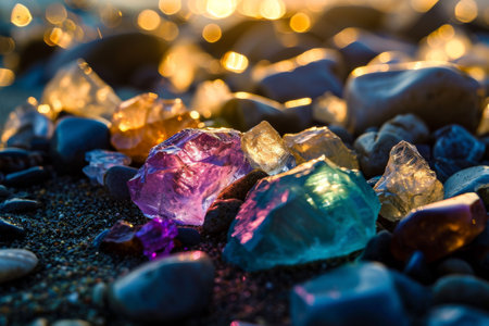 Shiny colorful stones on the beach shore, Colorful gemstones on a beach glowing, Ai generatedの素材