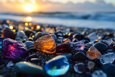 Shiny colorful stones on the beach shore, Colorful gemstones on a beach glowing, Ai generatedの素材