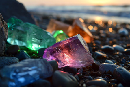 Shiny colorful stones on the beach shore, Colorful gemstones on a beach glowing, Ai generatedの素材