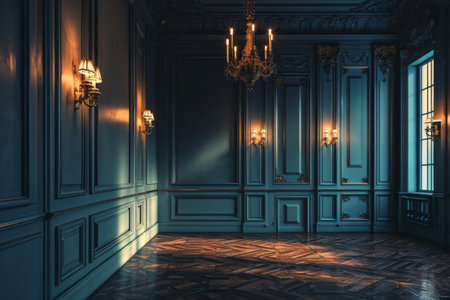 Wall and copy space in empty elegant room at night, Empty elegant dark room at night with copy space Ai generatedの素材