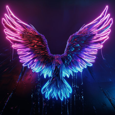 Neon angel wings dark background for photoshoot, Abstract neon Colorful Wing Ai generatedの素材