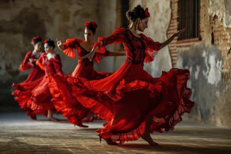 The whirl of Flamenco dancers in Spain, Vibrant dancers in flowing dresses whirl in a traditional dance through a historic, AI generatedの素材