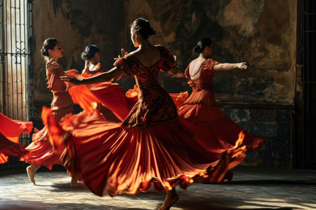 The whirl of Flamenco dancers in Spain, Vibrant dancers in flowing dresses whirl in a traditional dance through a historic, AI generatedの素材