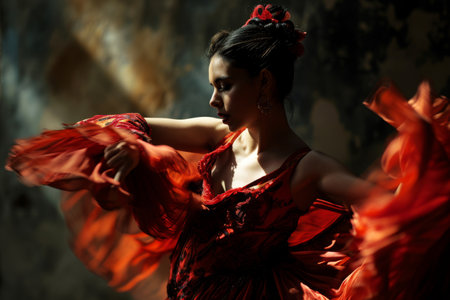 The whirl of Flamenco dancers in Spain, Vibrant dancers in flowing dresses whirl in a traditional dance through a historic, AI generatedの素材