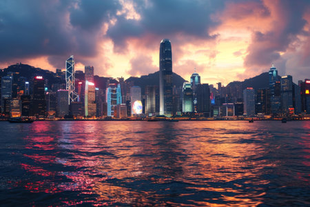 The iconic skyline of Hong Kong at dusk, Overcast Sunset Skyline of Hong Kong Ai generatedの素材