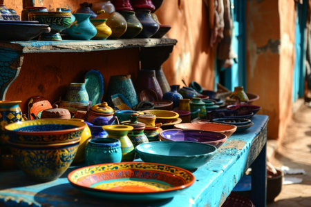 The vibrant colors of a Moroccan bazaar, Vibrant market stalls adorned with exotic fruits, textiles and crafts Ai generatedの素材