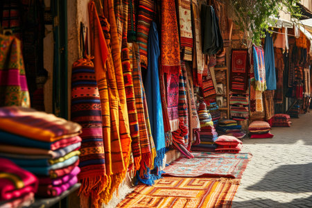 The vibrant colors of a Moroccan bazaar, Vibrant market stalls adorned with exotic fruits, textiles and crafts Ai generatedの素材