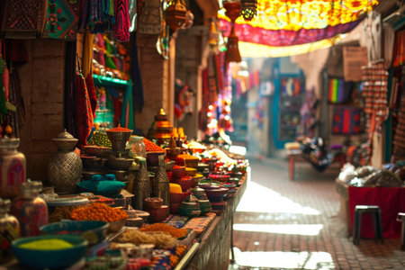 The vibrant colors of a Moroccan bazaar, Vibrant market stalls adorned with exotic fruits, textiles and crafts Ai generatedの素材