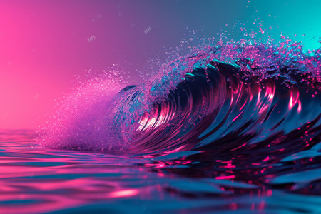 Big Neon Wave Background, Synthase neon big wave splash background, Ai generatedの素材