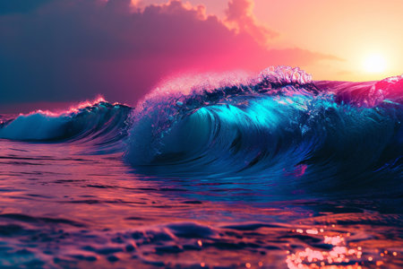 Big Neon Wave Background, Synthase neon big wave splash background, Ai generatedの素材