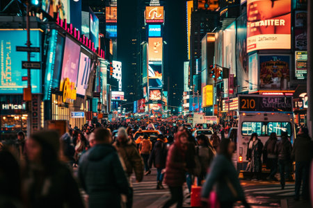 The crowded streets of New York's Time Square, Crowd of anonymous people walking on busy New York City street Ai generatedの素材