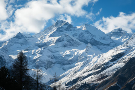 Snow capped peaks of the Swiss Alps, Panoramic view of snow capped mountain peaks Ai generatedの素材