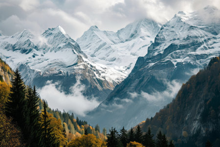 Snow capped peaks of the Swiss Alps, Panoramic view of snow capped mountain peaks Ai generatedの素材