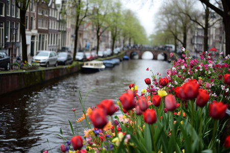 The romantic canals of Amsterdam in spring, Amsterdam canals with bicycles and flowers at sunset Ai generatedの素材