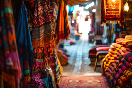 The vibrant colors of a Moroccan bazaar, Vibrant market stalls adorned with exotic fruits, textiles and crafts Ai generatedの素材