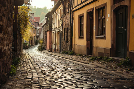 Cobblestone streets of an old European town, Historical cobblestone streets in an old European town Ai generatedの素材