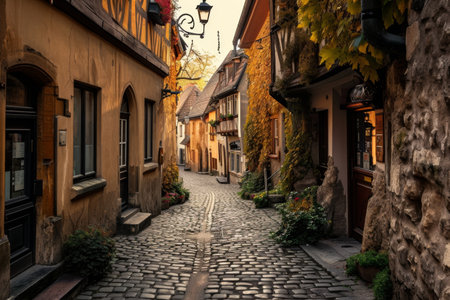 Cobblestone streets of an old European town, Historical cobblestone streets in an old European town Ai generatedの素材