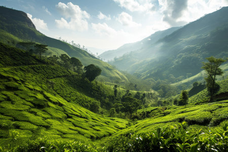 Green tea garden on the hill, tea plantation background, tea plantation in morning light, Green tea buds and leaves at early morning on plantation Ai generatedの素材
