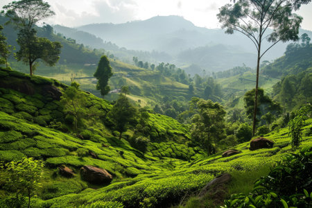 Green tea garden on the hill, tea plantation background, tea plantation in morning light, Green tea buds and leaves at early morning on plantation Ai generatedの素材