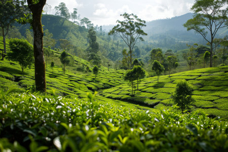 Green tea garden on the hill, tea plantation background, tea plantation in morning light, Green tea buds and leaves at early morning on plantation Ai generatedの素材