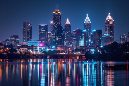 Atlanta skyline highlighted by neon lights Ai generatedの素材